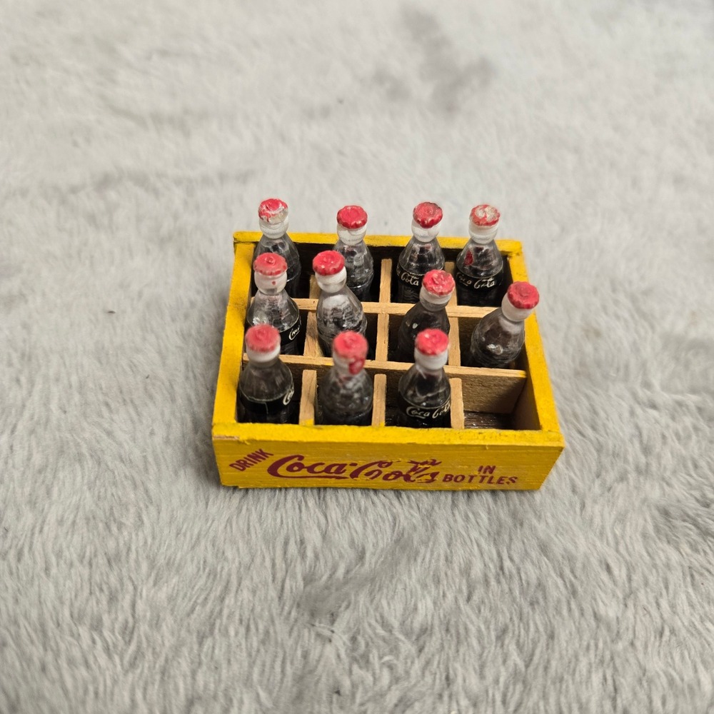 Vintage Miniature Coca-Cola Yellow Wooden Crate with 12 Glass Bottles Set